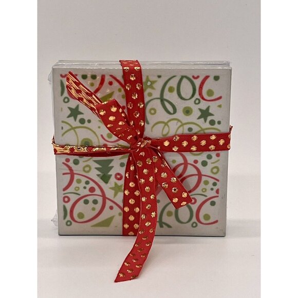 Festive Ceramic Coaster Set Of 4 with Christmas Trees And Confetti - Picture 1 of 6